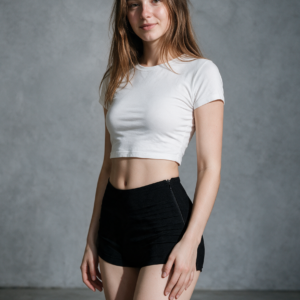 A woman in black bandage skinny mini shorts and a white crop top, hips turned, gray concrete studio.