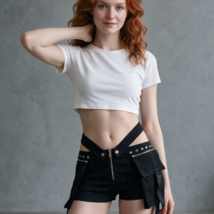 A woman in black gothic coquette V-waist shorts and a white crop top, one hand at her neck, gray concrete studio.