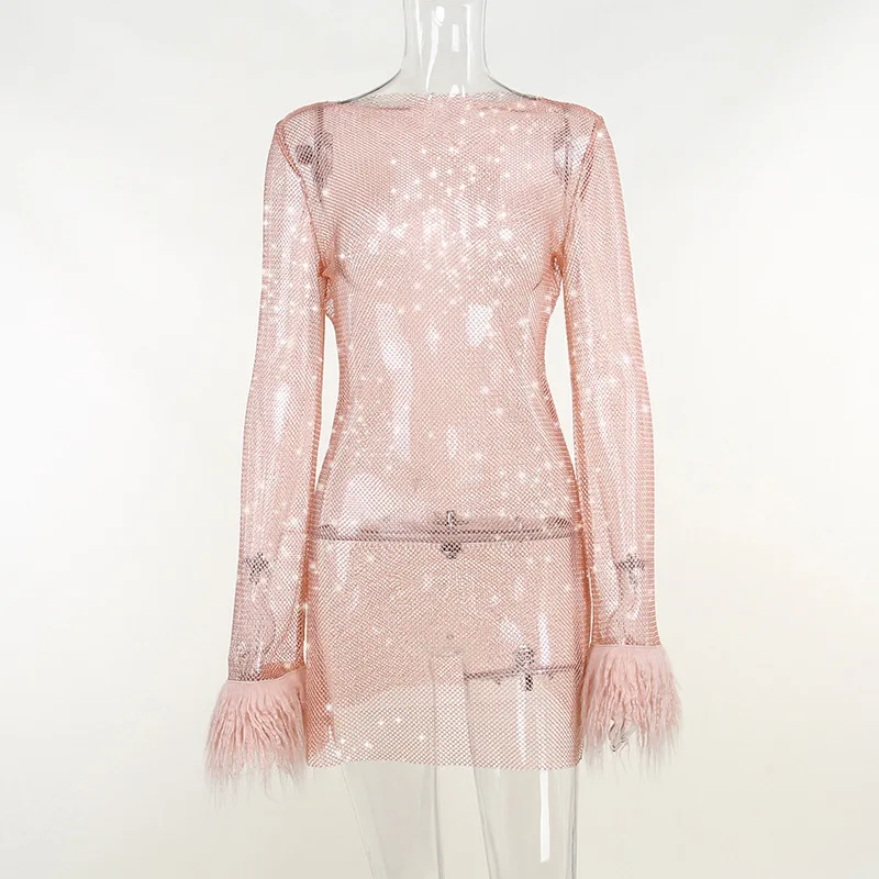 Feather-Trim Sheer Mesh Dress - Image 8