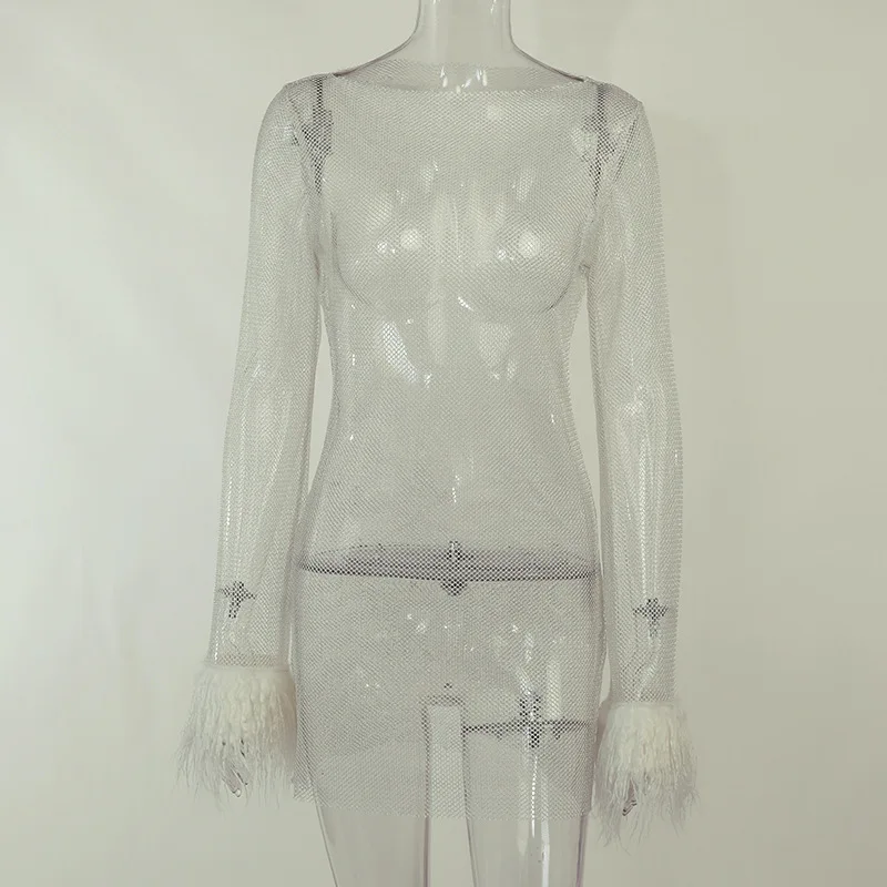 Feather-Trim Sheer Mesh Dress - Image 9