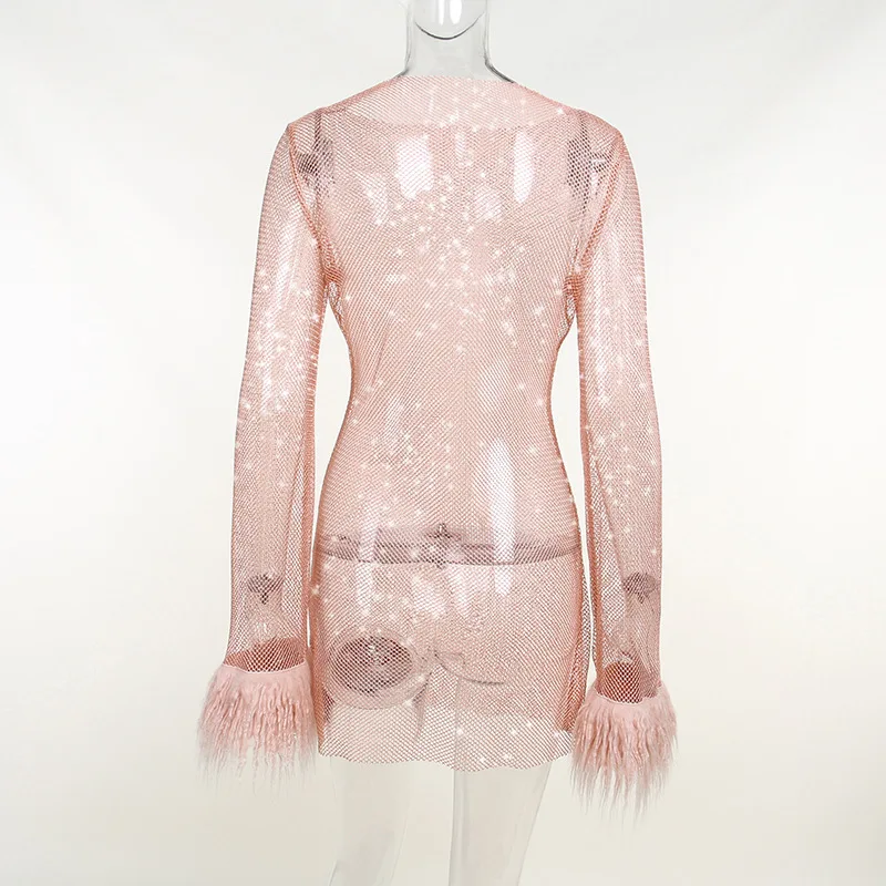 Feather-Trim Sheer Mesh Dress - Image 6