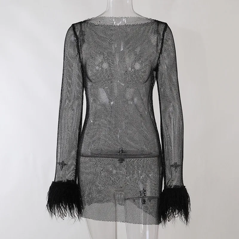 Feather-Trim Sheer Mesh Dress - Image 7