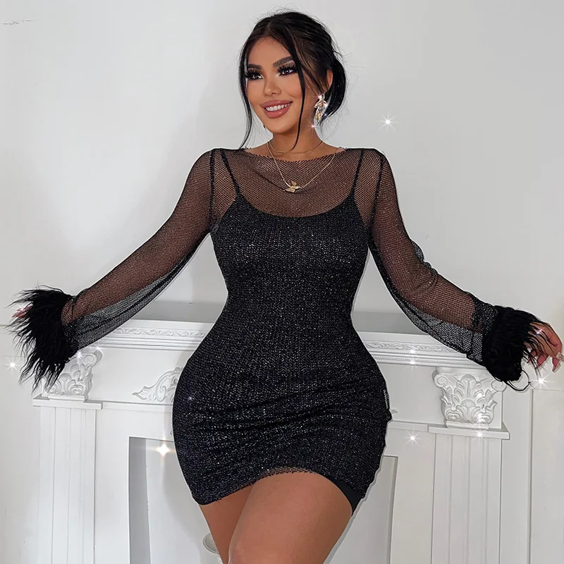 Feather-Trim Sheer Mesh Dress - Image 3