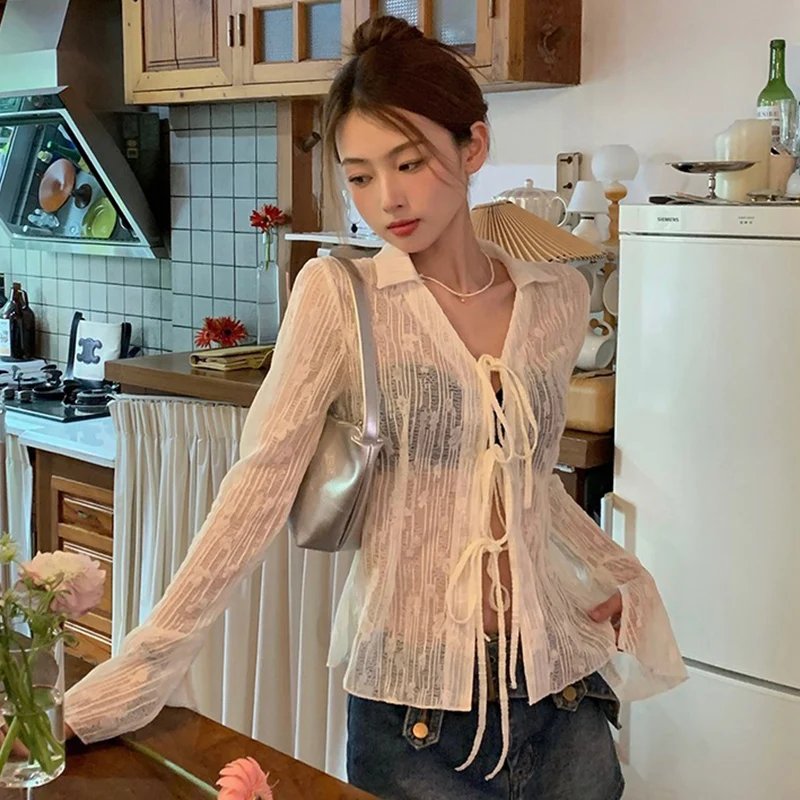 V-Neck Lace Tie-Front Top - Image 3